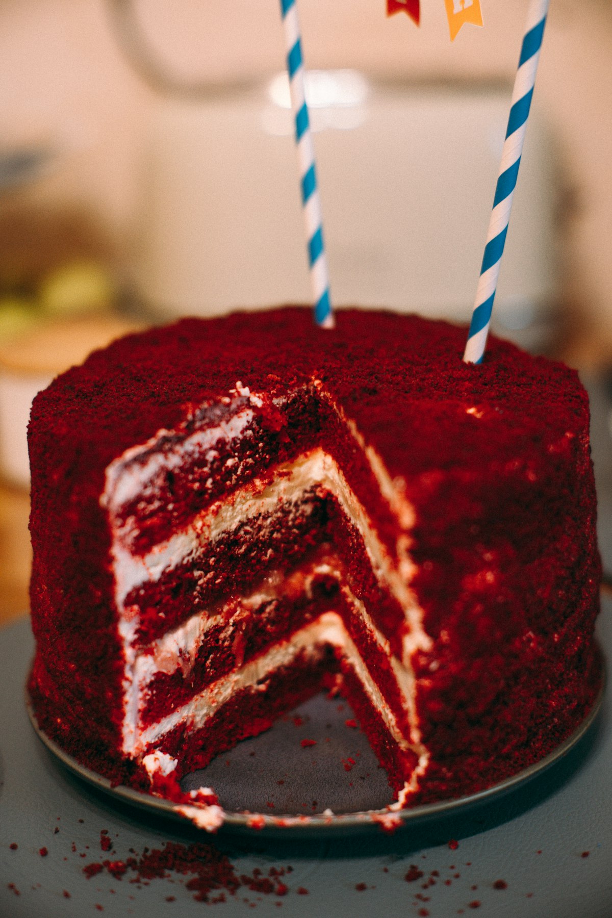 Red velvet cake with a slice cut out